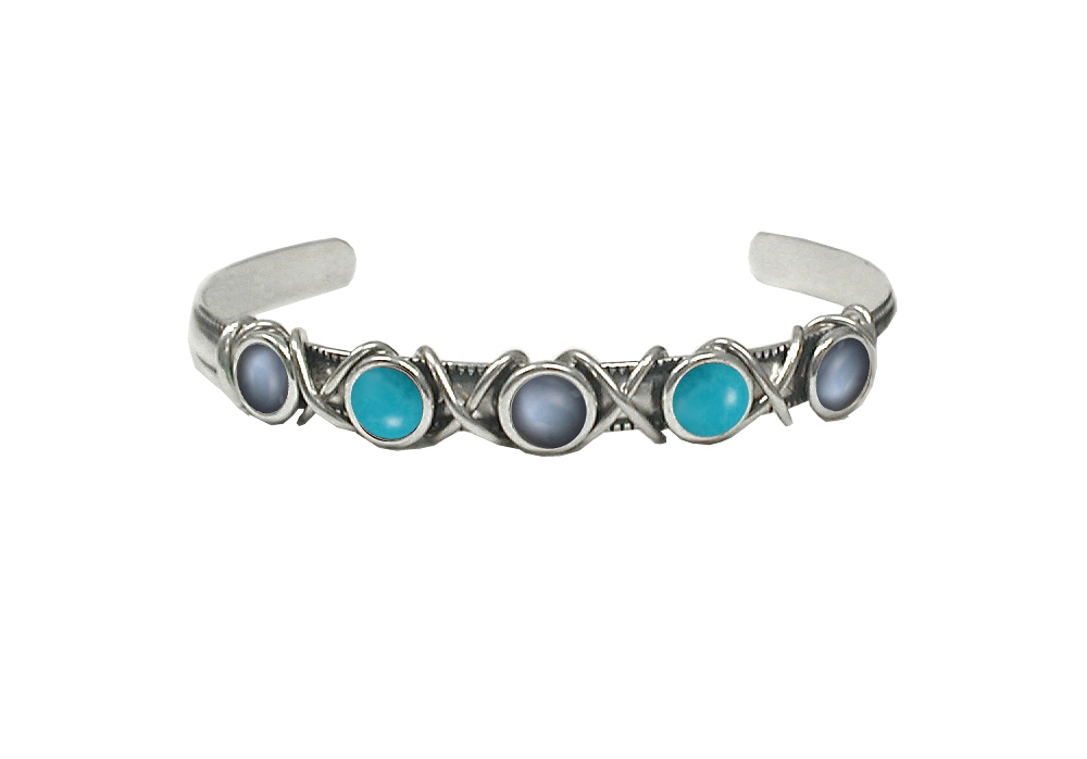 Sterling Silver Cuff Bracelet With Grey Moonstone And Turquoise